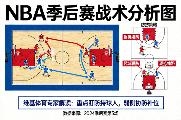 NBA季后赛战术分析图，展示球员跑位与防守策略，维基体育专家解读