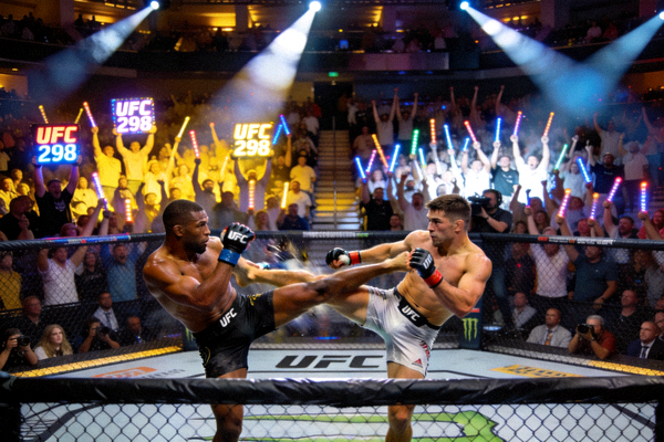UFC数字赛现场，八角笼内选手激烈对攻，观众席沸腾