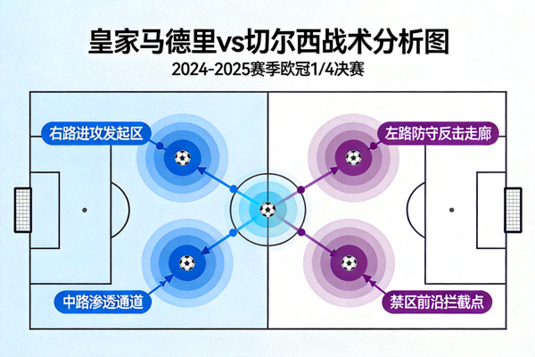 皇家马德里对阵切尔西的战术分析图，展示两队攻防转换关键区域