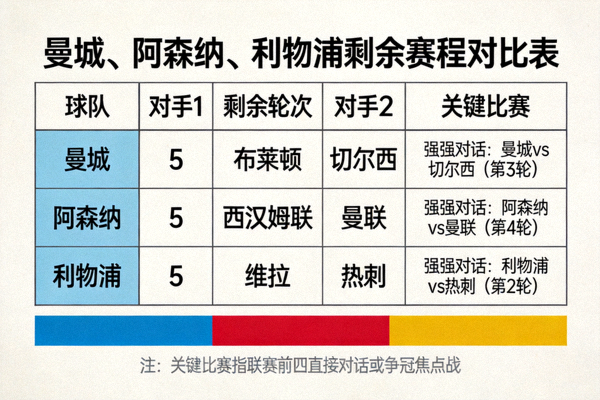 曼城、阿森纳、利物浦剩余赛程对比表，标注强强对话与关键比赛