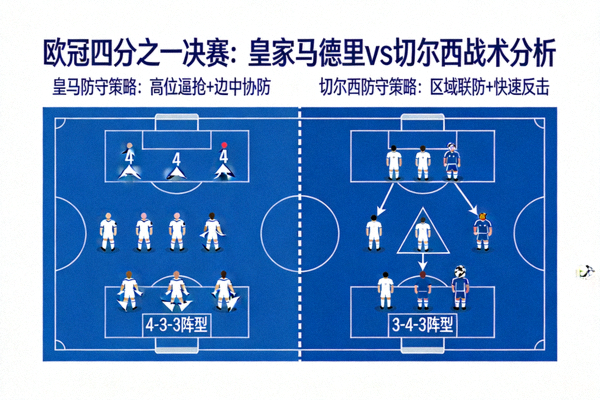 皇家马德里对阵切尔西的欧冠四分之一决赛战术分析图，展示双方阵型与防守布置