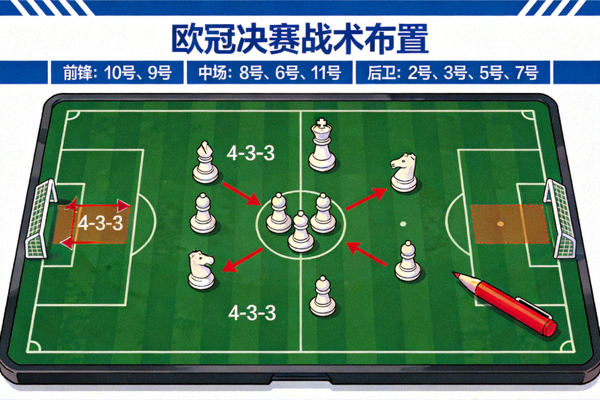 欧冠战术板与棋子，象征教练的战术布置与阵型安排